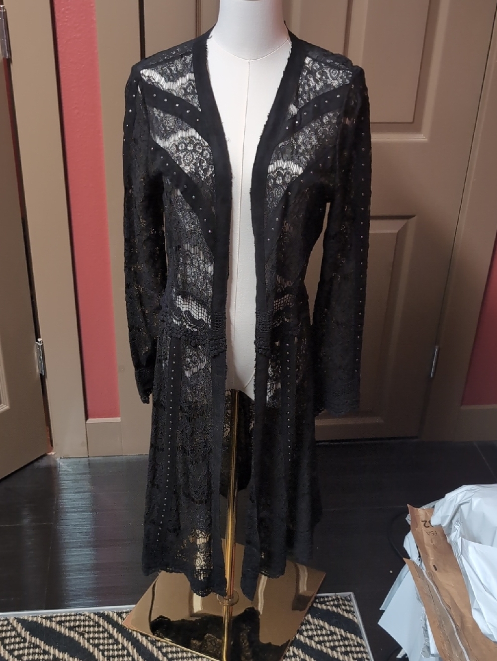 Black Lace Duster With Studs By Vocal - Picture 2 of 8